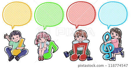 Illustration of musical notes and children with speech bubbles 118774547
