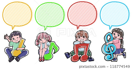 Illustration of musical notes and children with speech bubbles Illustration of musical notes and children with speech bubbles 118774549