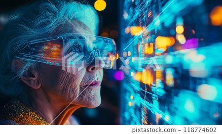 An elderly woman engages with futuristic technology. The concept of how technology bridges generational gaps and enhances accessibility for all ages. Generative AI. An elderly woman engages with futuristic technology. The concept of how technology bridges generational gaps and enhances accessibility for all ages. Generative AI. 118774602