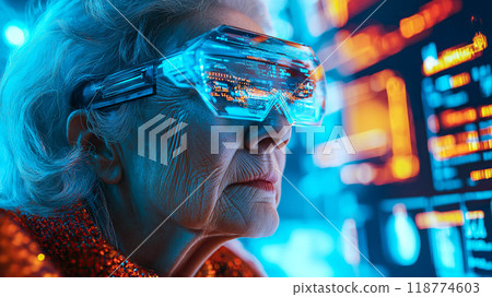 An elderly woman engages with futuristic technology. The concept of how technology bridges generational gaps and enhances accessibility for all ages. Generative AI. An elderly woman engages with futuristic technology. The concept of how technology bridges generational gaps and enhances accessibility for all ages. Generative AI. 118774603