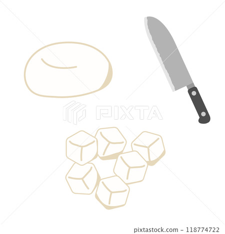 Illustration of round rice cakes cut into small pieces with a knife Illustration of round rice cakes cut into small pieces with a knife 118774722