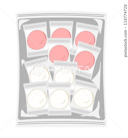 Illustration of a pack of individually wrapped red and white mochi 118774728