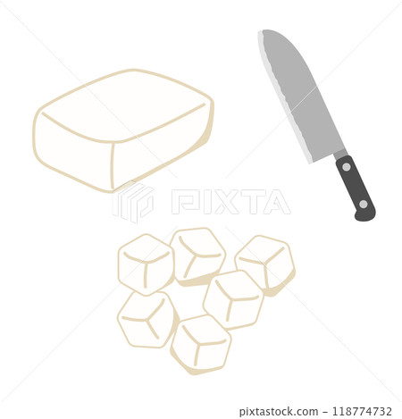 Illustration of square rice cakes cut into small pieces with a knife 118774732