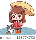 girl with umbrella and cat in rainy 118774752