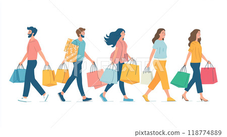 色彩繽紛的年輕人提著購物袋的插圖 118774889