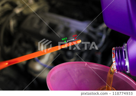 Maximum and minimum engine oil level indicators , oil dipstick with level indicator Maximum and minimum engine oil level indicators , oil dipstick with level indicator 118774933