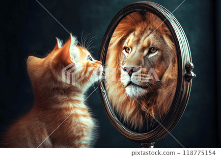 A kitten looks at a mirror, seeing a male lion reflected inside. The concept of self-perception, potential, and inner strength. Generative AI. 118775154