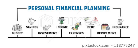 Personal Financial Planning. Illustration with keywords and icons. Horizontal web banner Personal Financial Planning. Illustration with keywords and icons. Horizontal web banner 118775247