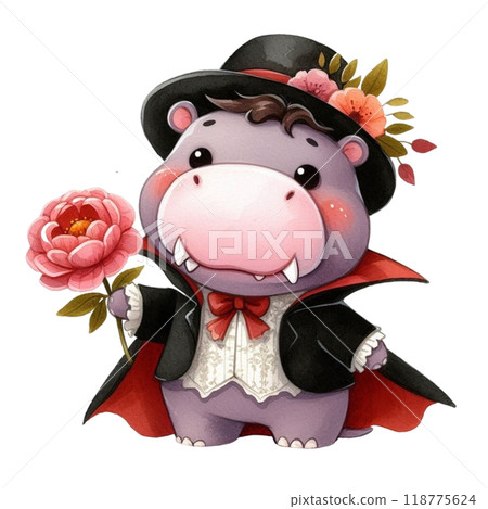 Cute hippo wearing a vampire costume and Halloween clipart watercolor  118775624