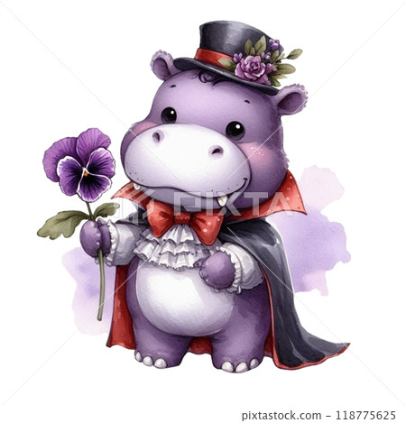 Cute hippo wearing a vampire costume and Halloween clipart watercolor  118775625