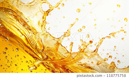 Golden beer splash with dynamic bubbles in motion, highlighting the energy and freshness of the drink 118775758