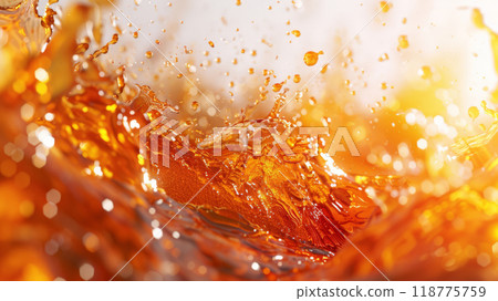 Vibrant splash of amber beer with dynamic droplets in motion, highlighting freshness and energy 118775759