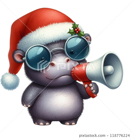 Cute hippopotamus with Christmas clipart watercolor Cute hippopotamus with Christmas clipart watercolor 118776224