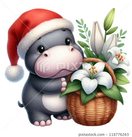Cute hippopotamus with Christmas clipart watercolor  118776263