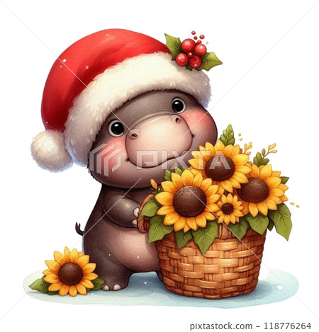 Cute hippopotamus with Christmas clipart watercolor  118776264