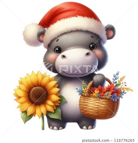 Cute hippopotamus with Christmas clipart watercolor Cute hippopotamus with Christmas clipart watercolor 118776265