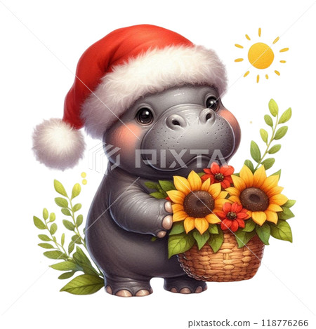 Cute hippopotamus with Christmas clipart watercolor  118776266