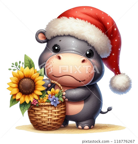Cute hippopotamus with Christmas clipart watercolor  118776267