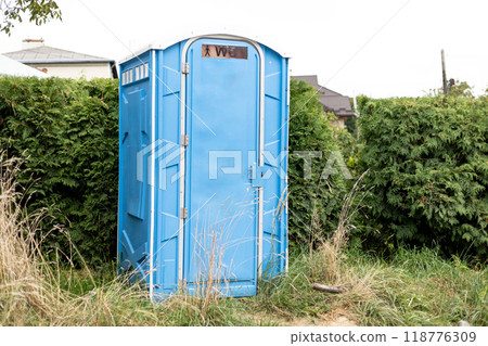 plastic blue outdoor portable toilet 118776309