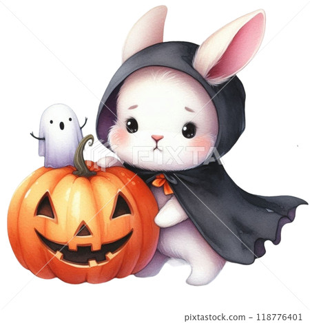 rabbit wearing a vampire costume clipart watercolor  118776401