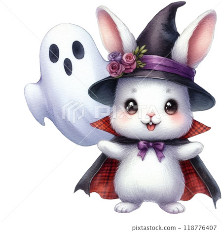 rabbit wearing a vampire costume clipart watercolor  118776407