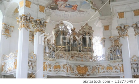 The pipe organ of Wieskirche, whose rococo decoration is said to be the best in Europe [Germany] 118776497