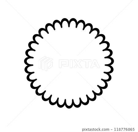 Circle scalloped frame. Scalloped edge round shape border. Simple label and sticker form. Flower silhouette lace frame. Vector illustration isolated on white background 118776865