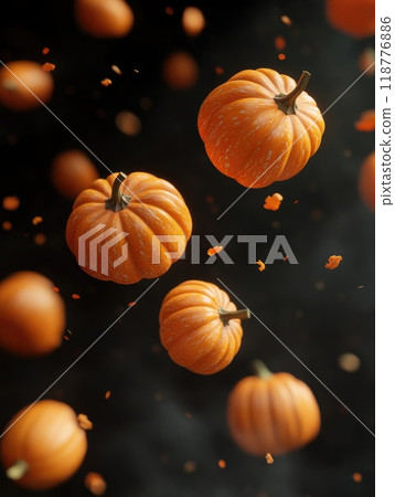 Ultra realistic halloween scene with falling pumpkins in high resolution Ultra realistic halloween scene with falling pumpkins in high resolution 118776886