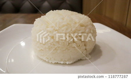 A plate of white rice ready to eat, studio shot, for commercial and product marketing promotion. 118777287