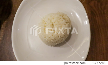 A plate of white rice ready to eat, studio shot, for commercial and product marketing promotion. Flat lay top view. 118777288