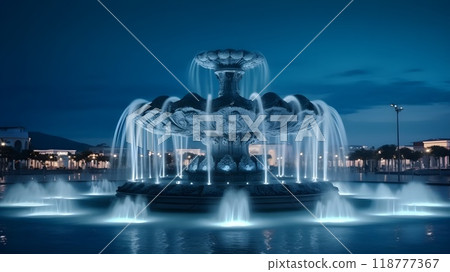 Captivating illuminated fountain landmark with motion and water feature at night. 118777367