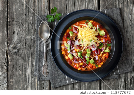 taco soup with kidney bean, corn, ground beef taco soup with kidney bean, corn, ground beef 118777672