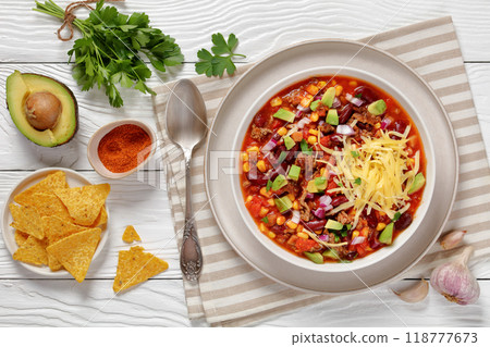 taco soup with kidney bean, corn, ground beef 118777673