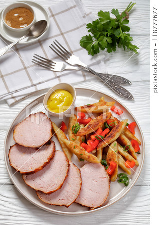 German potato noodles with sous vide pork loin cut German potato noodles with sous vide pork loin cut 118777677
