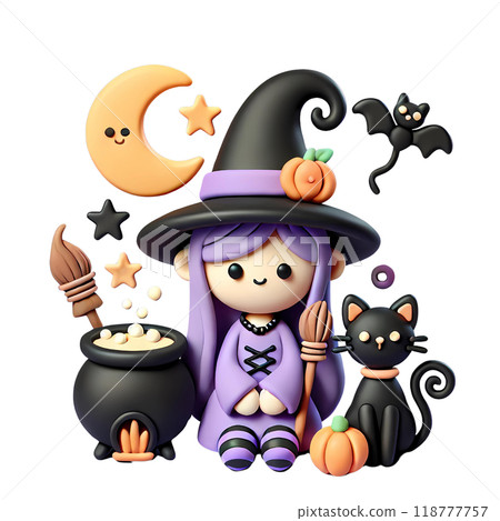witch halloween with a magic wand and a pumpkin 118777757
