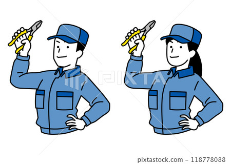 Set of men and women in overalls holding pliers Set of men and women in overalls holding pliers 118778088