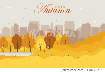 Autumn city park scene banner illustration. Parkland trail with trees and bushes with falling leaves 118778245