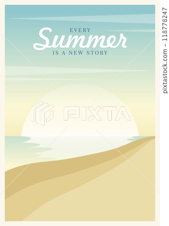 Seaside landscape travel poster illustration. Marine resort sunrise vector 2d cartoon art Seaside landscape travel poster illustration. Marine resort sunrise vector 2d cartoon art 118778247