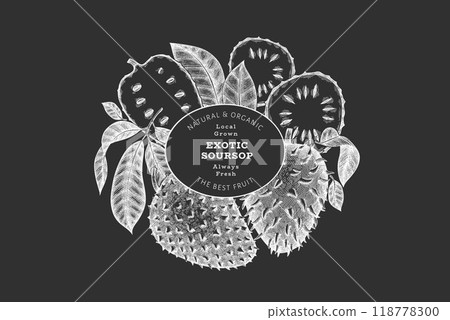 Hand drawn sketch style soursop fruit banner. Organic fresh fruit vector illustration on chalk board. Retro guanabana design template Hand drawn sketch style soursop fruit banner. Organic fresh fruit vector illustration on chalk board. Retro guanabana design template 118778300