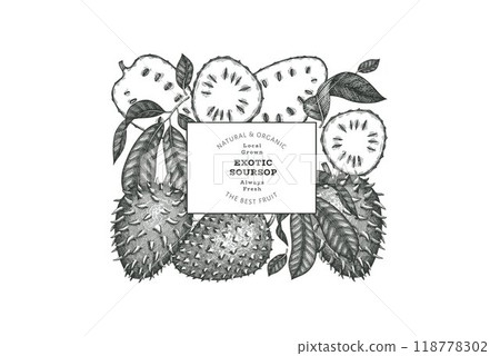 Hand drawn sketch style soursop fruit banner. Organic fresh fruit vector illustration. Retro guanabana design template 118778302