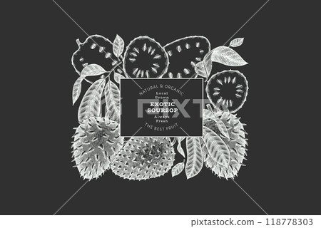 Hand drawn sketch style soursop fruit banner. Organic fresh fruit vector illustration on chalk board. Retro guanabana design template Hand drawn sketch style soursop fruit banner. Organic fresh fruit vector illustration on chalk board. Retro guanabana design template 118778303
