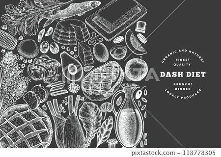 Dash Diet Design Template. Vector Hand Drawn Chalk Board Healthy Food Banner. Vintage Style Menu Chalkboard Illustration. 118778305