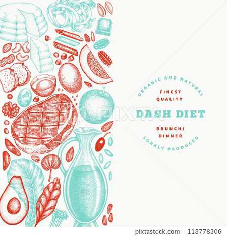 Dash Diet Design Template. Vector Hand Drawn Healthy Food Banner. Vintage Style Menu Illustration. 118778306