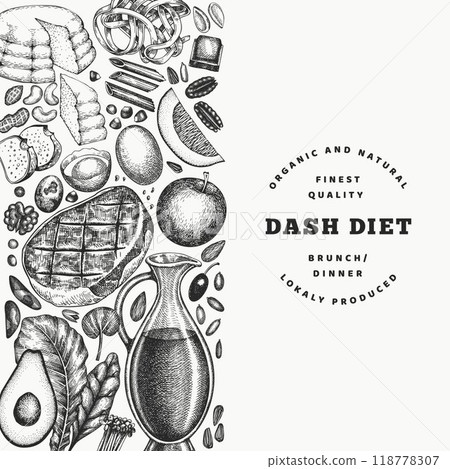 Dash Diet Design Template. Vector Hand Drawn Healthy Food Banner. Vintage Style Menu Illustration. 118778307