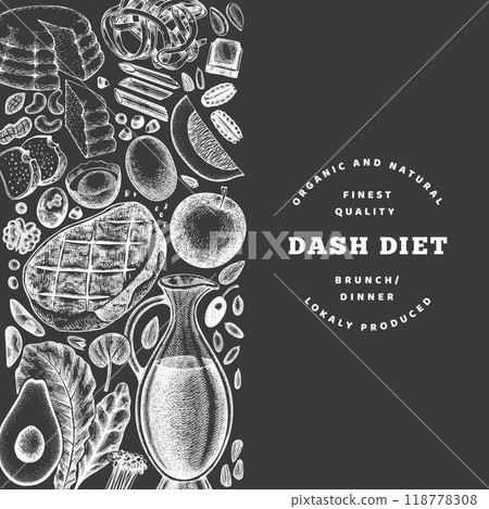 Dash Diet Design Template. Vector Hand Drawn Chalk Board Healthy Food Banner. Vintage Style Menu Chalkboard Illustration. 118778308