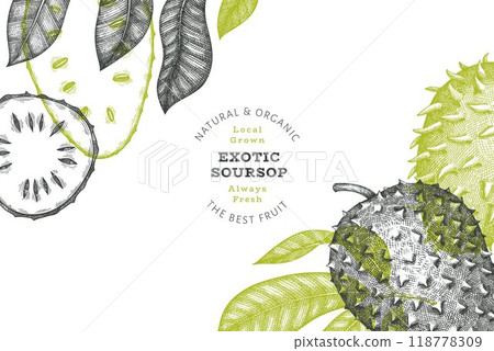 Hand drawn sketch style soursop fruit banner. Organic fresh fruit vector illustration. Retro guanabana design template 118778309