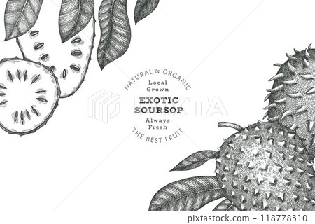 Hand drawn sketch style soursop fruit banner. Organic fresh fruit vector illustration. Retro guanabana design template 118778310
