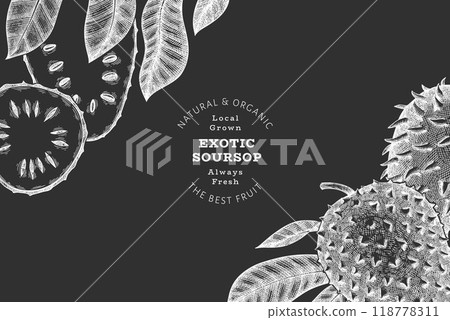 Hand drawn sketch style soursop fruit banner. Organic fresh fruit vector illustration on chalk board. Retro guanabana design template 118778311