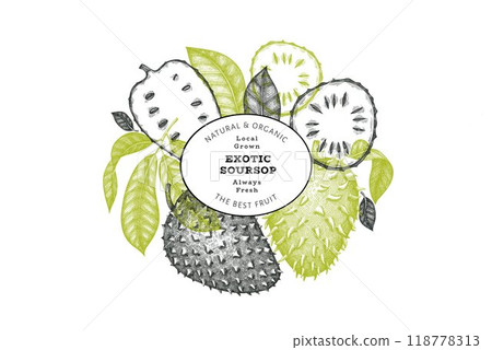 Hand drawn sketch style soursop fruit banner. Organic fresh fruit vector illustration. Retro guanabana design template Hand drawn sketch style soursop fruit banner. Organic fresh fruit vector illustration. Retro guanabana design template 118778313