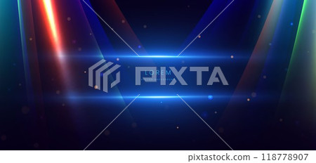 Abstract technology futuristic glowing neon blue and red light ray with speed motion moving on dark blue background. Abstract technology futuristic glowing neon blue and red light ray with speed motion moving on dark blue background. 118778907